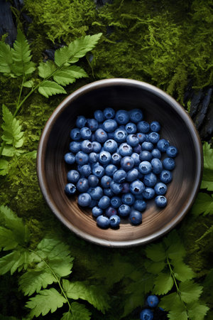 Blueberries in a bowl on moss background. Top view. Flat lay.の素材