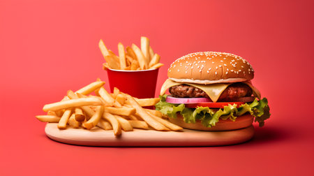 Cheese burger - American cheese burger with fresh salad and french friesの素材