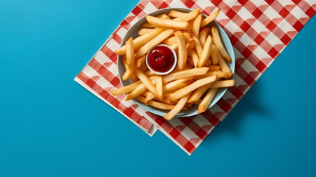 French fries in bowl with ketchup on blue background, top viewの素材