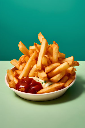 Golden French fries with ketchup and mayonnaise on green backgroundの素材