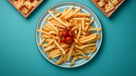 French fries and cherry tomatoes on a blue plate. Top view.の素材