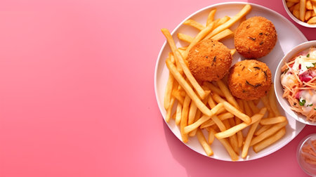 Plate of potato croquettes with coleslaw and french fries on pink backgroundの素材