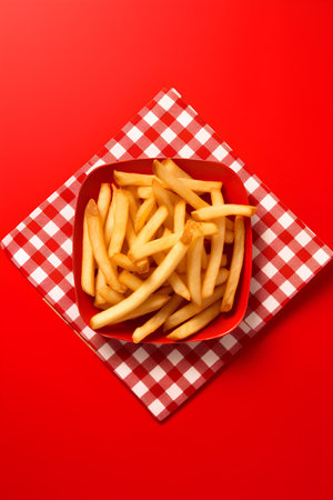 Golden French fries in a red plate on a red checkered tableclothの素材