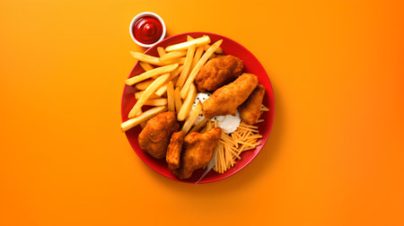 Fried chicken wings with french fries and ketchup on orange backgroundの素材