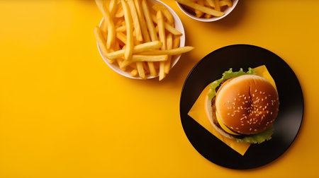 Cheese burger - American cheese burger with Golden French fries on yellow backgroundの素材