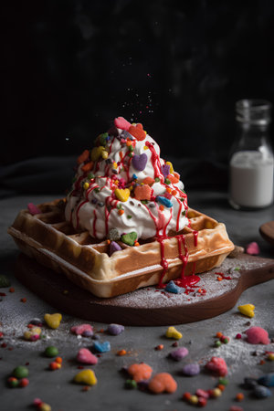 Waffles with ice cream and colorful candies on a dark backgroundの素材