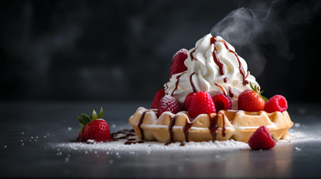 Belgian waffles with fresh berries and whipped cream on black backgroundの素材