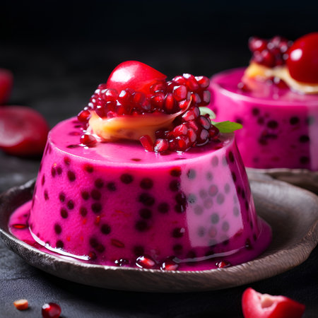 Panna cotta with pomegranate seeds and chia seedsの素材