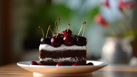 Chocolate cake with cherries on a plate on a wooden tableの素材