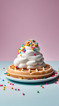 Belgian waffle with whipped cream and colorful sprinkles on blue backgroundの素材