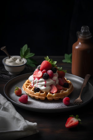 Belgian waffles with fresh berries and whipped cream on black backgroundの素材