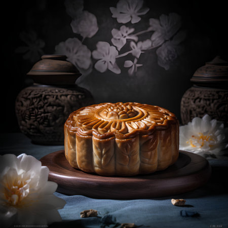 Moon cake for Mid-Autumn Festival on dark background with white flowersの素材