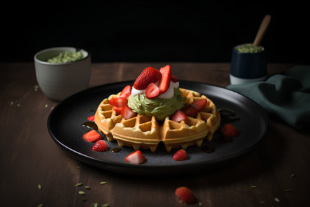 Waffles with ice cream and strawberries on a black plate. Dark background.の素材