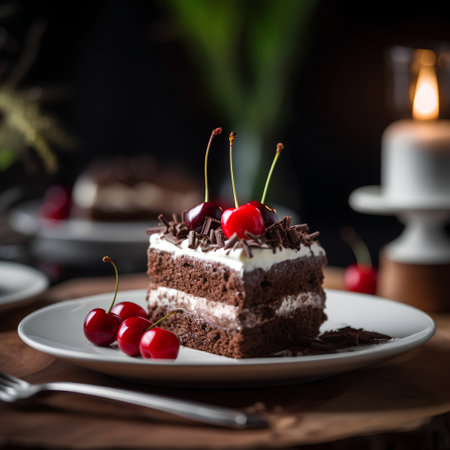 Chocolate cake with cherries on a dark background, selective focusの素材