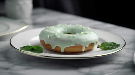 Delicious glazed donut with mint on a white plate.の素材