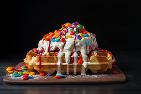 Belgian waffles with ice cream and colorful candies on black backgroundの素材