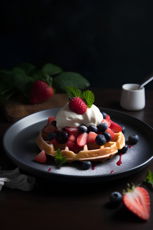 Belgian waffles with fresh berries and whipped cream, selective focusの素材
