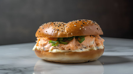 Hamburger with salmon and sesame seeds on a dark backgroundの素材