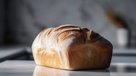 Freshly baked loaf of bread on a kitchen table. Shallow depth of field.の素材
