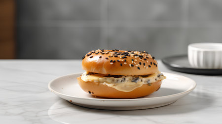 Bagel with cheese and black sesame seeds on white plateの素材