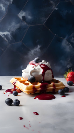 Belgian waffles with whipped cream and fresh berries on a blue backgroundの素材