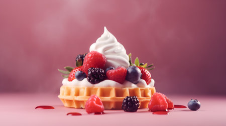 Waffle with whipped cream and fresh berries on pink background, copy spaceの素材