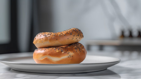 Bagels with poppy seeds on a white plate in the kitchenの素材