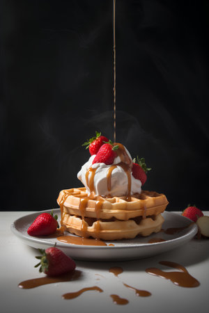 Belgian waffles with strawberries and whipped cream on a black backgroundの素材