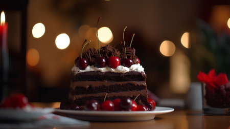Chocolate cake with cherries and whipped cream on a dark backgroundの素材