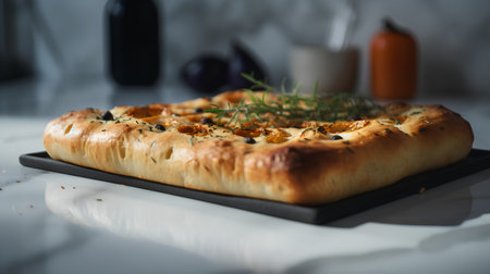 Delicious focaccia with olives and herbs, selective focusの素材