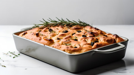 Traditional Italian focaccia with black olives and rosemary in baking dish, squareの素材