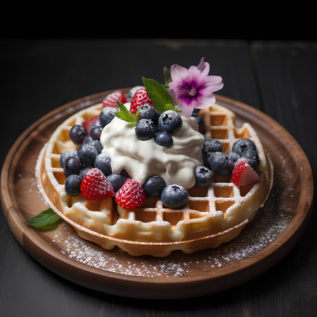 Waffles with whipped cream and fresh berries on a dark wooden backgroundの素材