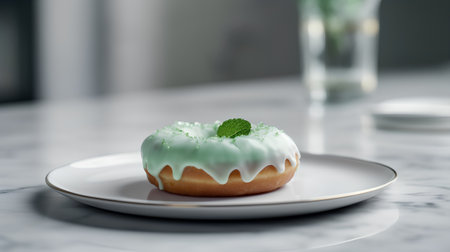 Donut with icing and mint on a white platele backgroundの素材