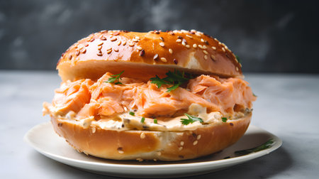 Sandwich with salmon, cream cheese and sesame seeds on a gray backgroundの素材