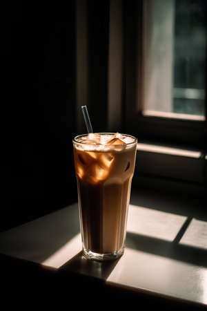 Iced coffee with milk in a glass on the windowsill.の素材