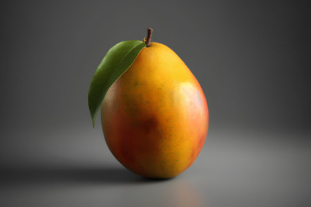 Mango with leaf isolated on grey background. 3D illustration.の素材