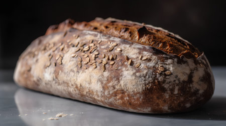 Loaf of bread with seeds on a dark background. Selective focus.の素材