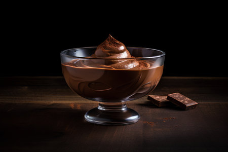 chocolate mousse in a glass on a dark wooden background.の素材