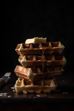 Stack of homemade belgian waffles with butter and honey on dark backgroundの素材
