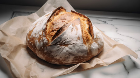Freshly baked sourdough bread on a baking paper. Toned.の素材