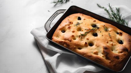 Traditional Italian focaccia bread with black olives and rosemary on a marble backgroundの素材