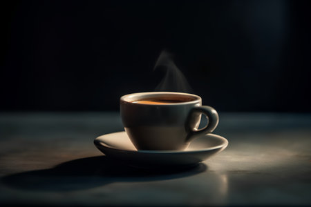 Cup of coffee on a wooden table. Selective focus.の素材