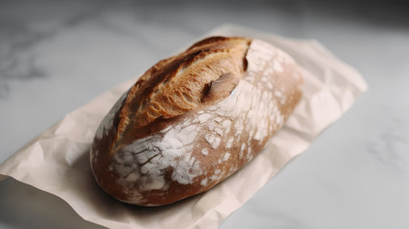 Freshly baked bread on a baking paper. Toned image.の素材