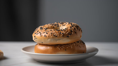Bagels with sesame seeds on a white plate on a gray backgroundの素材