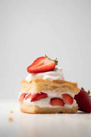 Strawberry cake with whipped cream and fresh strawberries on white backgroundの素材