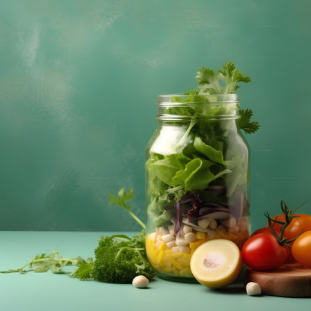 Glass jar with fresh vegetable salad on green background with copy space. Healthy food conceptの素材