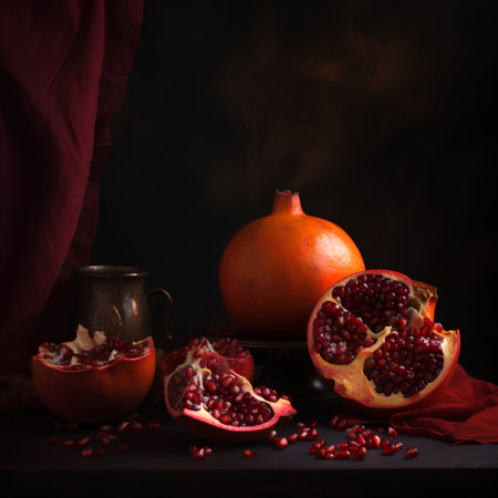 Ripe pomegranate fruit and a cup of tea on a dark backgroundの素材
