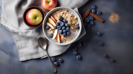 Oatmeal with blueberries, apples and cinnamon on a dark backgroundの素材