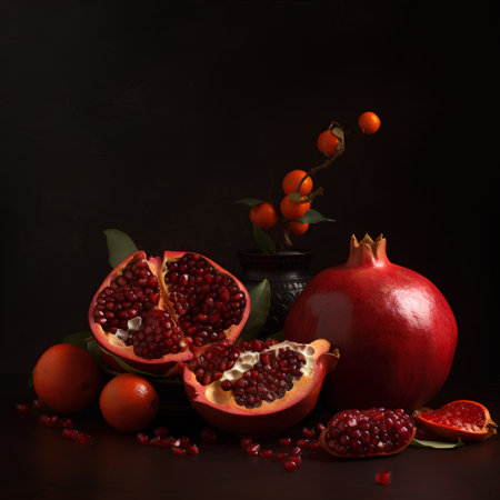 Ripe pomegranate fruit with leaves on a dark backgroundの素材