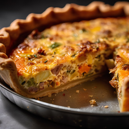 Quiche Lorraine with bacon, cheese and herbs on a baking sheetの素材